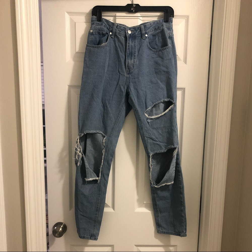 High Waist Ripped Detail Jeans